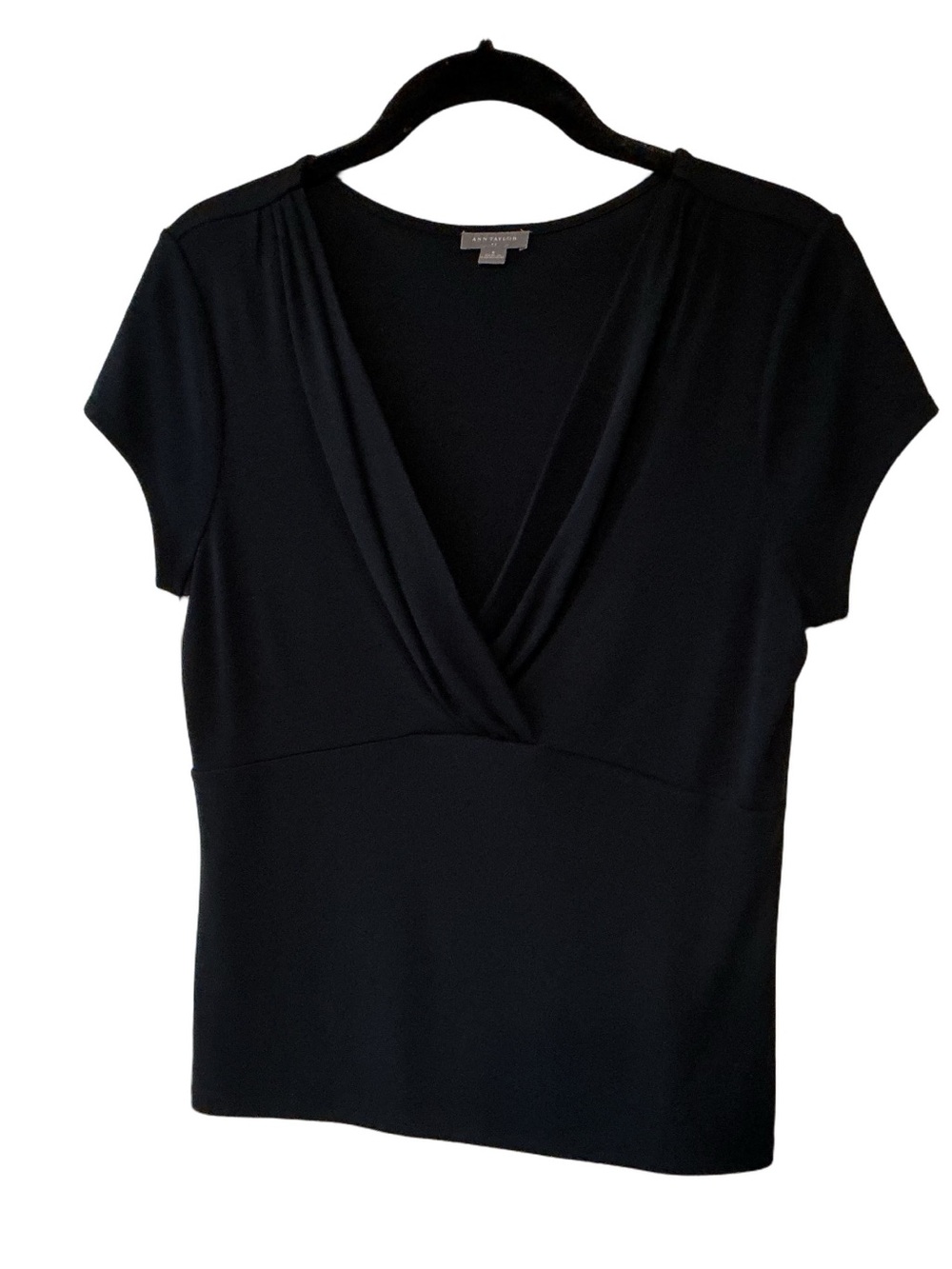 Ann Taylor Factory Surplice neck Short Sleeve Top Black Sz Small Closet  Staple